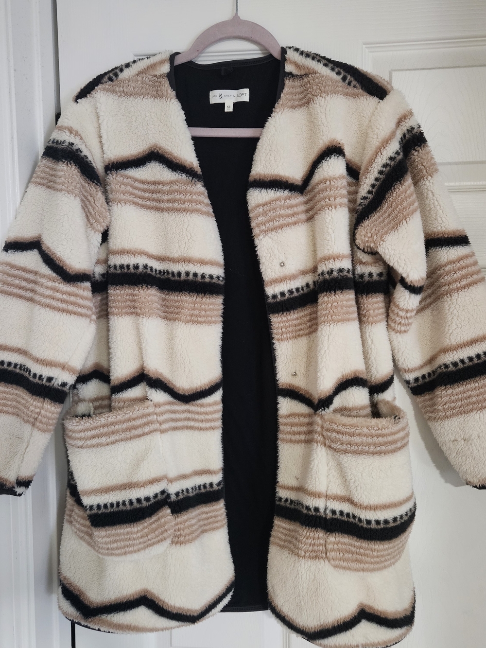 LOFT Cream, Tan & Black Striped Sherpa Open Cardigan